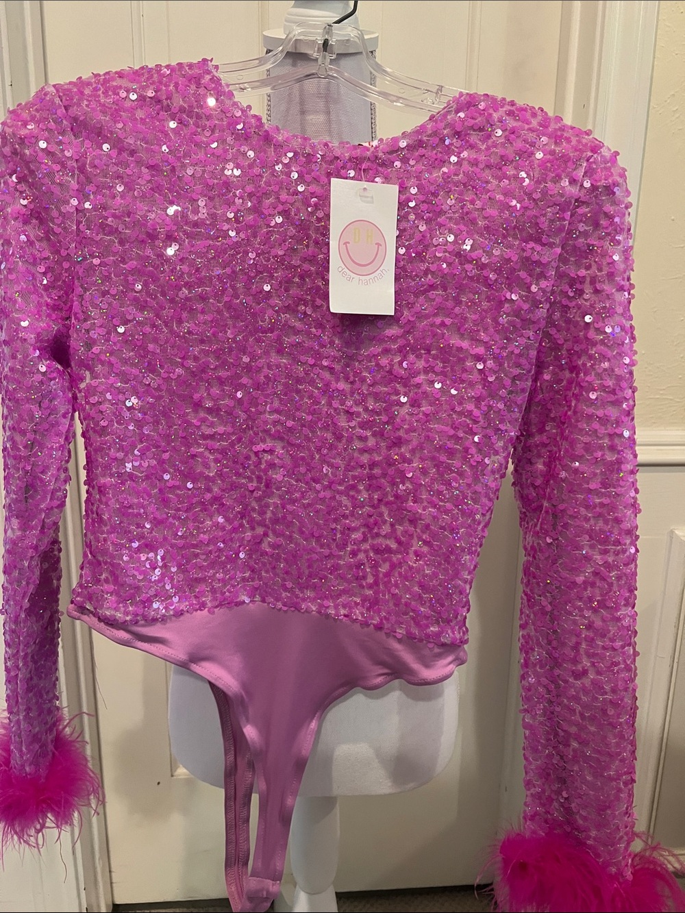 Sequin Long-Sleeve Bodysuit in Hot Pink/Purple - Party Perfection